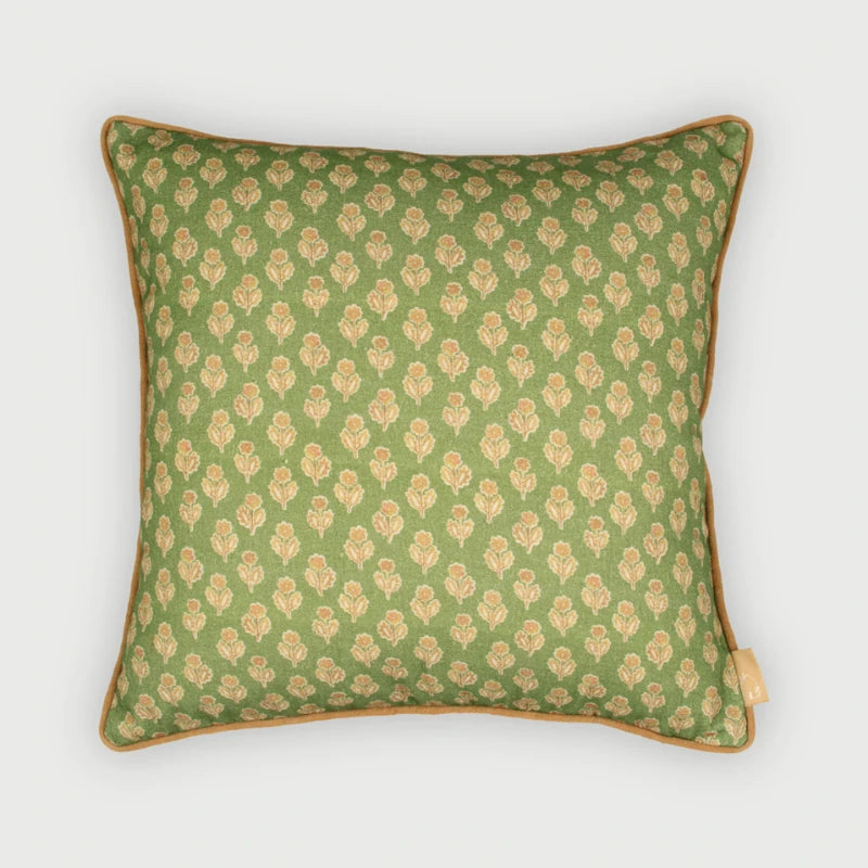 Viola Forest Green Cotton Cushion Cover front view, floral buti print with contrast piping
