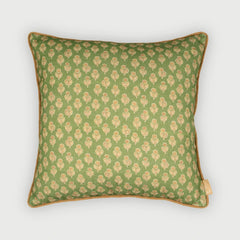 Viola Forest Green Cotton Cushion Cover front view, floral buti print with contrast piping