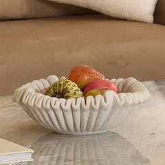 Frill Bowl - White Ruffled Bowl with Fruit on Marble Coffee Table