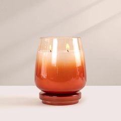 Cosmic Hues - Lid Jar Candle | Orange | Summer Nectar, lit two-wick orange ombre glass jar, front view