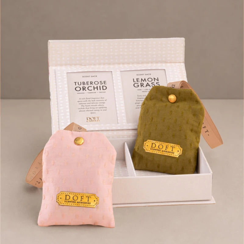 Car Freshener - Scented Sacks - Tuberose Orchid & Lemongrass - Set of 2, pink and olive fabric sachets with open gift box