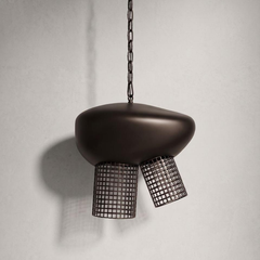 A modern pendant light fixture with a matte dark brown organic-shaped shade and two hanging wire mesh shades, suspended from a dark metal chain against a light gray wall.