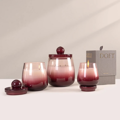 Cosmic Hues - Lid Jar Candle | Purple | Opulent Oud, small, medium and large jars with lids beside Doft box