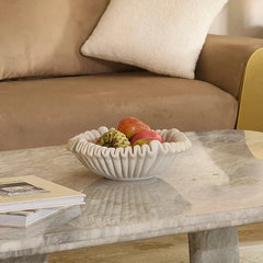 Frill Bowl - White Ruffled Bowl with Fruit, Wide Lifestyle View with Sofa