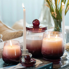 Cosmic Hues - Lid Jar Candle | Purple | Opulent Oud, lit jars styled on a coffee table with taper candles