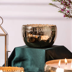Jali Cutting Bowl Candle - Gold - Oud Rose, gold jali bowl on green velvet with lanterns and lit candles