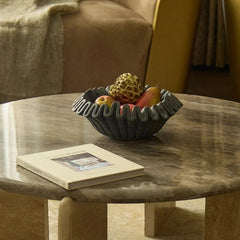 Frill Bowl - Grey Ruffled Bowl with Fruit on Round Marble Table Beside Book