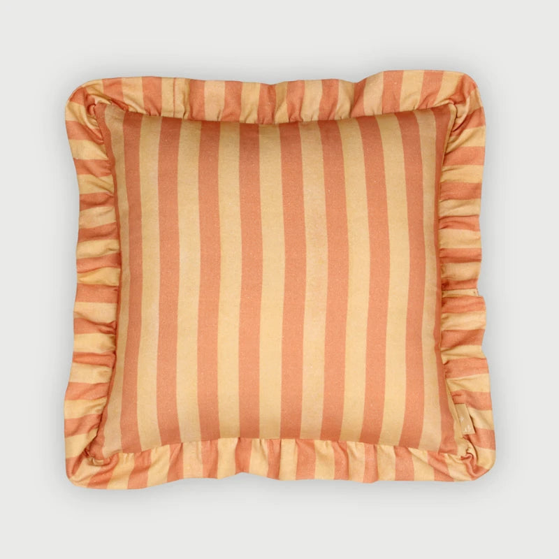 Linea Ruffle Amber Cotton Cushion Cover front view, stripes with self-fabric ruffle
