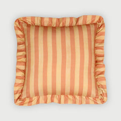 Linea Ruffle Amber Cotton Cushion Cover front view, stripes with self-fabric ruffle