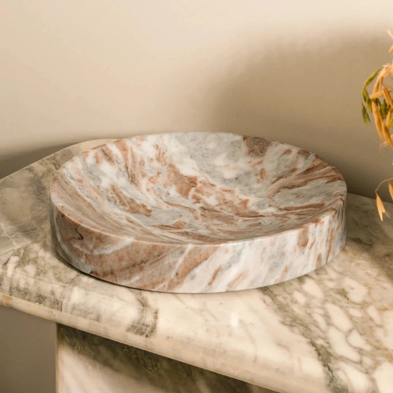 Roee Bowl - Butterscotch - Styled on Marble Console, Butterscotch and Grey Veined Marble