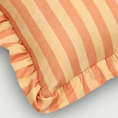 Linea Ruffle Amber Cotton Cushion Cover close-up of striped ruffle corner