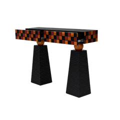 Tessaro Console Table angled view with mosaic front drawer pulled open on metal runners