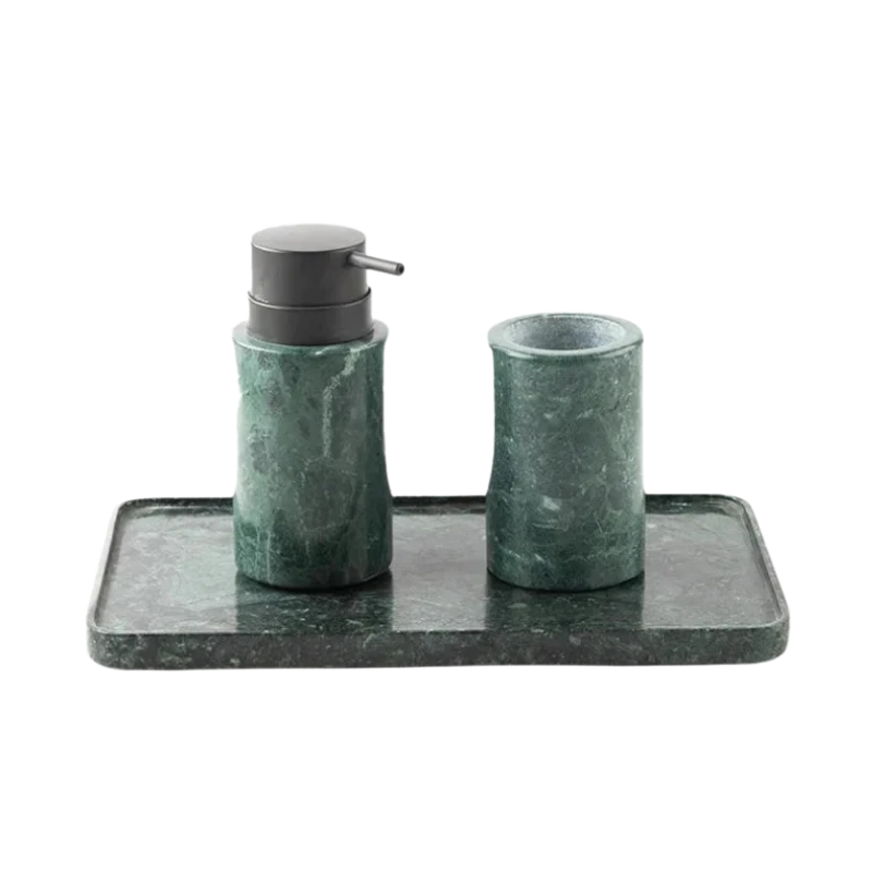 Dispenser Set - Baroda Green - Three-Piece Set Cut-Out, Green Marble Dispenser, Tumbler and Tray