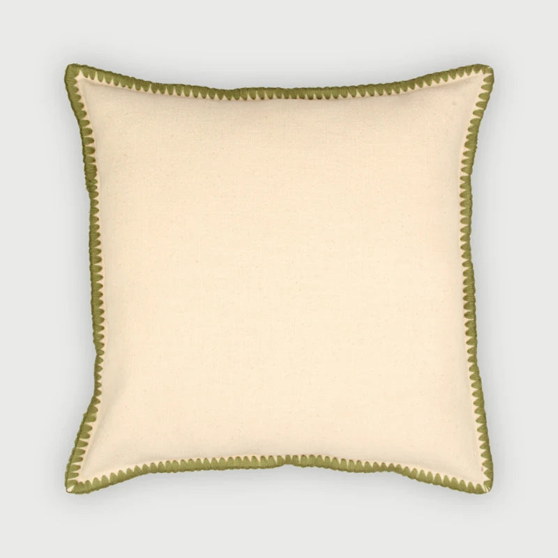 Sofia Forest Green Embroidered Cotton Cushion Cover front view, cream slub cotton with green edge embroidery