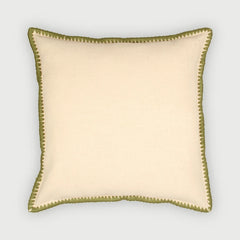 Sofia Forest Green Embroidered Cotton Cushion Cover front view, cream slub cotton with green edge embroidery