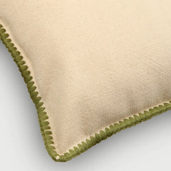 Sofia Forest Green Embroidered Cotton Cushion Cover close-up of green edge embroidery and slub texture