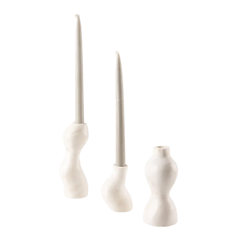 Set of Three Candle Holders - Three Sculptural Off-White Holders with Taper Candles