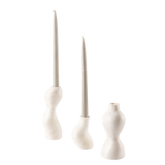 Set of Three Candle Holders - Three Sculptural Off-White Holders with Taper Candles
