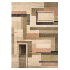 Geometric patterned rug with brown, beige, and pink colors on a white background