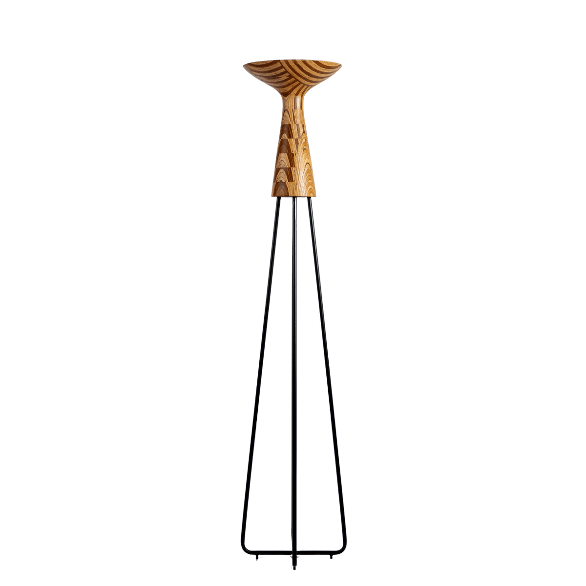 Hourglass Floor Lamp full view showing its upcycled-plywood hourglass form on a metal stand
