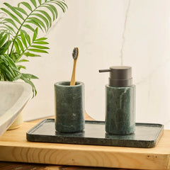 Baroda Green Soap Dispenser Set - On Bathroom Counter with Bamboo Toothbrush