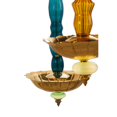 Colorful glass pendant lights with gold accents on a white background