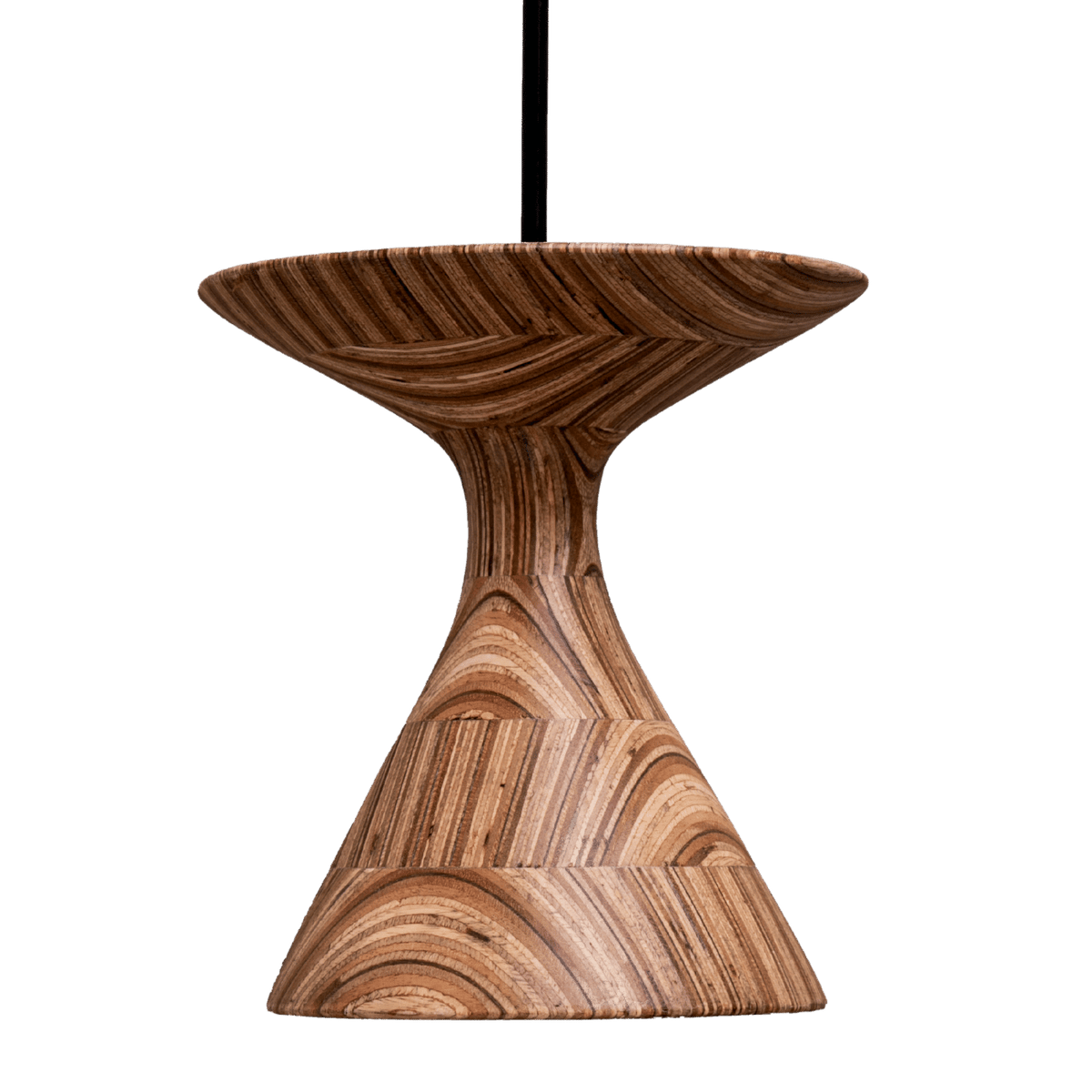 A pendant lamp with a geometric hourglass shape, featuring a brown wooden top and a black pendant attached to the top.