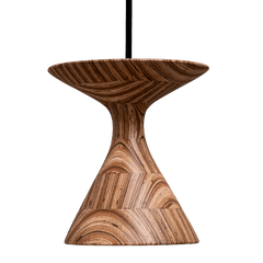 A pendant lamp with a geometric hourglass shape, featuring a brown wooden top and a black pendant attached to the top.