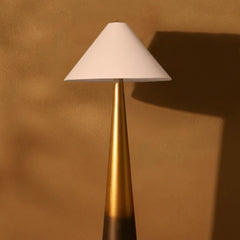 Loft Floor Lamp with a white conical shade and gold base against a brown background