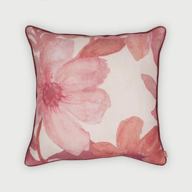Wildflower Rose Linen Cushion Cover front view on a plain background