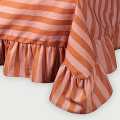 Linea Ruffle Dusty Rose Cotton Table Cover corner drape with striped ruffle