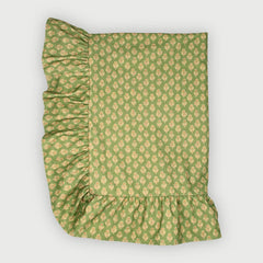 Viola Ruffle Forest Green Cotton Table Cover laid flat, floral buti print with gathered ruffle border