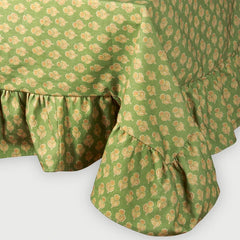 Viola Ruffle Forest Green Cotton Table Cover corner drape showing ruffled hem
