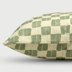 Close-up of the fern green checker pattern on Echo Fern Cushion Cover