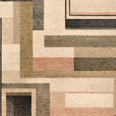 Geometric patterned rug with brown, beige, and black colors