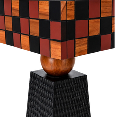Tessaro Console Table detail of mosaic wood corner resting on a turned wooden sphere