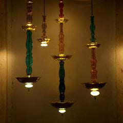 Elegant, Colorful hanging lamps with reflective surface