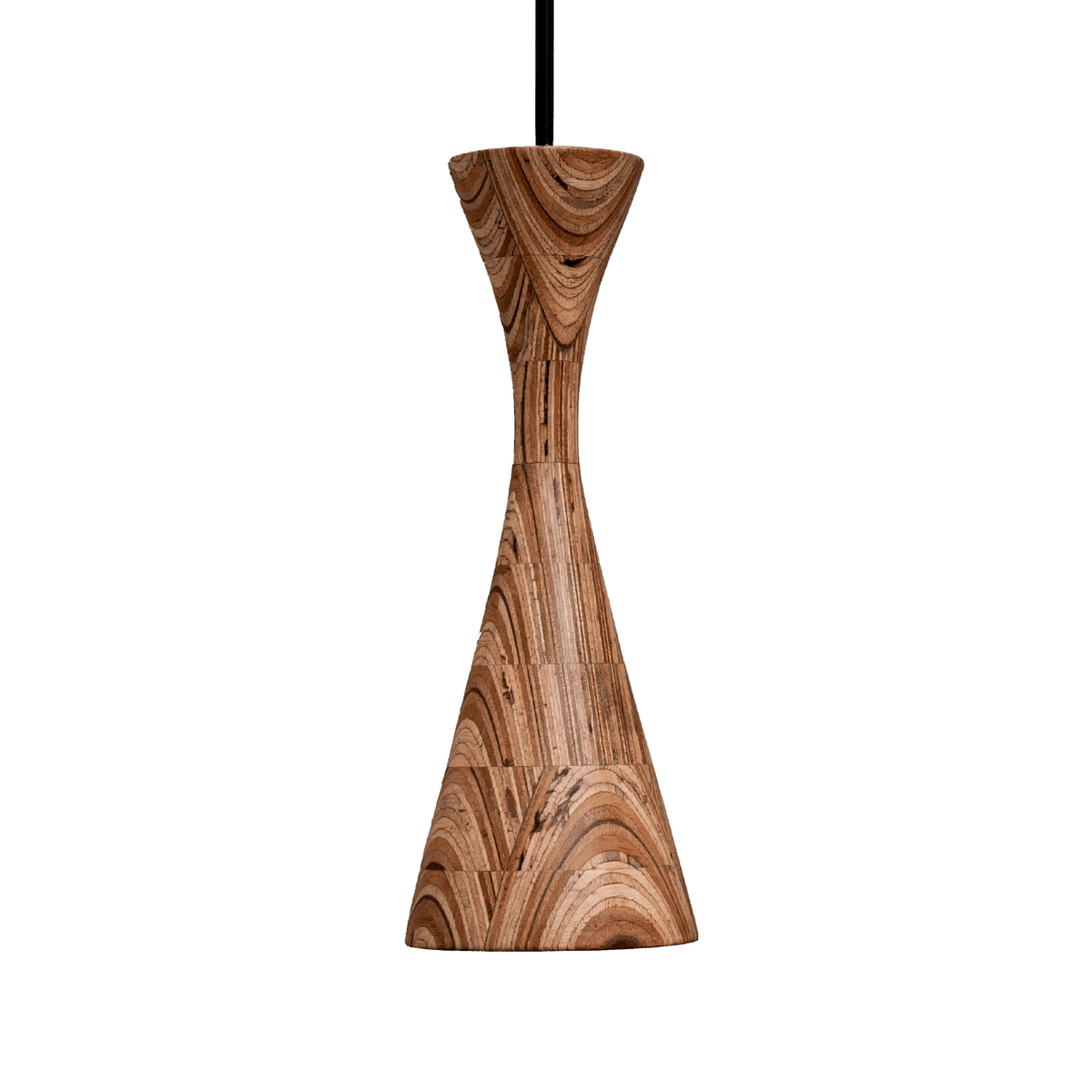 An elongated pendant lamp with a wood grain finish, consisting of a light fixture attached to a long, slender wire.