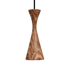 An elongated pendant lamp with a wood grain finish, consisting of a light fixture attached to a long, slender wire.