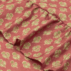 Viola Ruffle Carmine Cotton Table Cover close-up of floral buti print and cotton duck ruffle