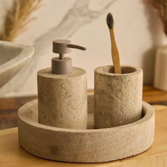 Indian Travertine Bathroom Set - Dispenser and Tumbler on Round Tray, Textured Beige Stone