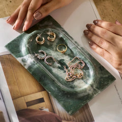 Mesa Marble Tray - Jewellery Tray with Hands Resting Beside It on Magazine