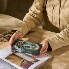 Mesa Marble Tray - Held in Hands Above Open Magazine with Jewellery