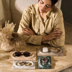 Mesa Marble Tray - Lifestyle Scene with Multiple Trays Holding Sunglasses, Watch and Keys