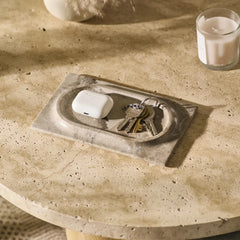 Mesa Marble Tray - Beige Marble Tray Holding Earbuds and Keys on Travertine Table