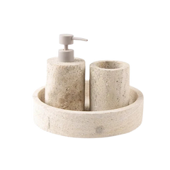 Indian Travertine Soap dispenser with toothbrush holder - Three-Piece Set Cut-Out with Taupe Pump