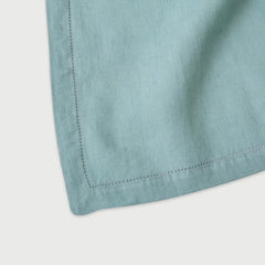 Powder Blue Linen Table Runner close-up of hem-stitch corner on linen