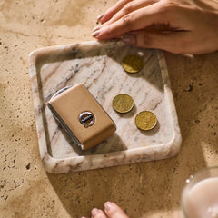 Form Marble Tray - White & Brown - Holding Coins and Key Case, Top View on Travertine Table