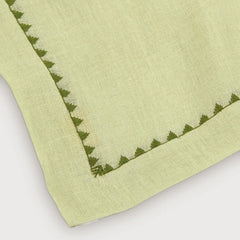 Mirage Pistachio Linen Table Runner close-up of embroidered triangle border at corner