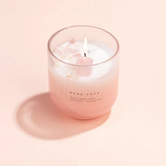 Crystal Energy U-Glass Candle - Blush - Moroccan Rose, lit blush glass candle with Pure Love label, front view
